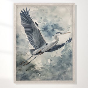 Grote blauwe reiger Art Print, grote aquarel vogels schilderij, minimalistisch kustdecor, moderne posterillustratie, op de Hamptons geïnspireerde kunst