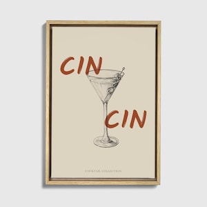 フレーム付きキャンバス Cin Cin レトロ キッチン プリント、ヴィンテージ ワインとカクテル アート、手描きのキッチン装飾とダイニング ルームのアートワーク