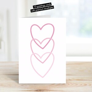Paquete de 10 tarjetas de felicitación premium con corazones preppy rosados, arte con estampados de amor, arte con corazones rosados, día de San Valentín, tarjetas de felicitación y sobres premium