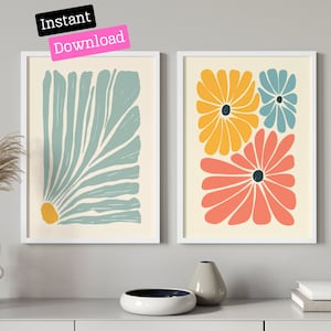 Póster imprimible con diseño floral minimalista estilo años 70, impresiones digitales de arte de pared de 2 piezas