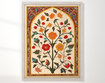 Traditional Islamic Floral Art Poster with Arabic Calligraphy, Vibrant Islamic Geometric Design Art Print, Unique Muslim Decor Gift
