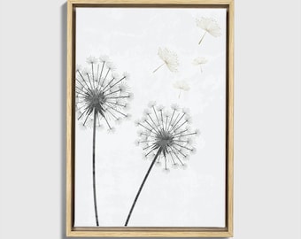 Framed Dandelion Canvas Print: Black and White Floral Wall Art