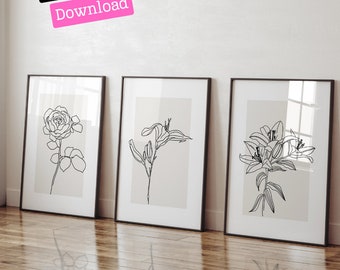 Minimalist Botanical Line Art Prints: Neutral Beige Decor (Digital Download)