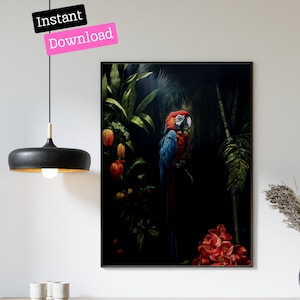 Parrot Jungle Art Print, downloadable wall art of birds