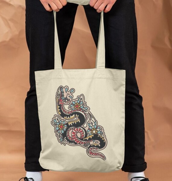 Schlange Tote Bag Bio Baumwolle Print On Demand Schlange Tattoo Print Schlange Tasche Etsy