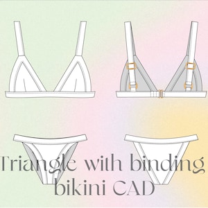 May include: A white triangle bikini top with binding and adjustable straps. The top has a gold buckle closure. The matching bikini bottom has a triangle shape with binding.