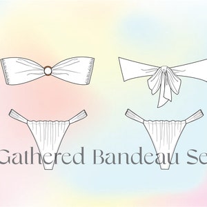 Puede incluir: Un top de bikini bandeau blanco con un detalle fruncido y un acento de anillo. La parte inferior del bikini a juego tiene un detalle fruncido y se ata a los lados. El texto "Gathered Bandeau Set" está escrito debajo de la imagen.