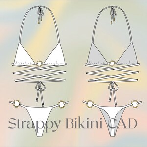 Puede incluir: Un bikini blanco de tiras con anillos dorados y un diseño cruzado. La parte superior del bikini tiene forma triangular y la parte inferior tiene un estilo de corte alto. "Strappy Bikini CAD" está escrito en texto negro en la parte inferior de la imagen.