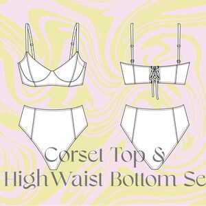 Puede incluir: Un top de corsé blanco con un detalle de encaje en la espalda y una parte inferior de cintura alta a juego. El conjunto se muestra sobre un fondo de mármol rosa y amarillo. "Corset Top & High Waist Bottom Set" está escrito en negro debajo de la imagen.
