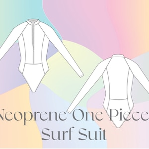 May include: Line drawing of a long-sleeved neoprene one-piece surf suit. The suit has a zipper up the front and a high neckline.
