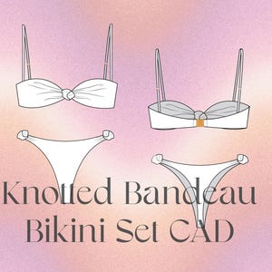 Puede incluir: Un diseño CAD de un conjunto de bikini bandeau blanco anudado. La parte superior tiene un detalle anudado en el centro y la parte inferior tiene un corte simple y clásico.