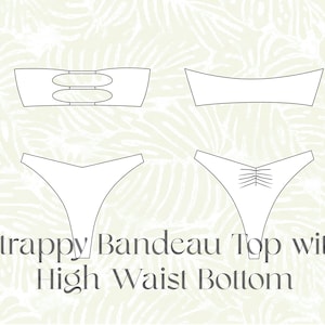 Puede incluir: Dibujo de línea de un top de bikini bandeau con tirantes y una parte inferior de cintura alta. La parte superior tiene dos tirantes y un diseño de corte. La parte inferior tiene una cintura alta y un detalle de corbata en la parte posterior.