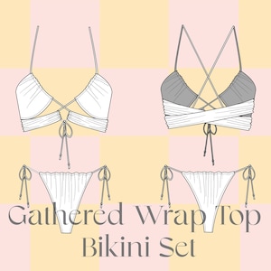 May include: A white bikini set with a gathered wrap top and a tie-side bottom. The top has a criss-cross design in the back. The text "Gathered Wrap Top Bikini Set" is written below the image.
