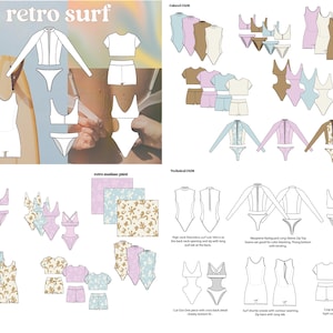 May include: Line drawings of different swimsuit styles, including one-piece, two-piece, and rash guards. The designs are in various colors, including pink, blue, and brown. The text "retro surf" is at the top of the image.