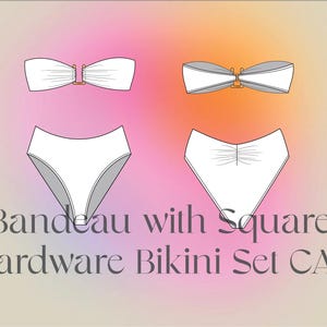 Puede incluir: Un top de bikini bandeau blanco y una parte inferior a juego con un detalle de herrajes cuadrados. El top tiene un detalle fruncido y la parte inferior tiene un ajuste de cintura alta.