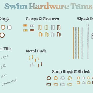 May include: Assortment of hardware trims for swimwear, including O-rings, clasps, zippers, pulls, metal fills, metal ends, and strap rings and sliders. The trims are shown in various colors, including gold, silver, copper, and tortoise shell.