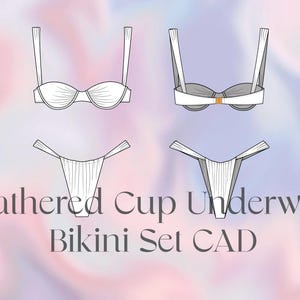 May include: Line drawing of a white bikini set with a gathered cup underwire top and a high-cut bottom. The text "Gathered Cup Underwire Bikini Set CAD" is below the image.