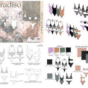 Può includere: Un foglio di progettazione per costumi da bagno che presenta diversi stili di costumi da bagno interi e bikini. I design includono una varietà di colori, motivi e spalline. Il foglio include anche una tavolozza di colori e un motivo di tessuto.