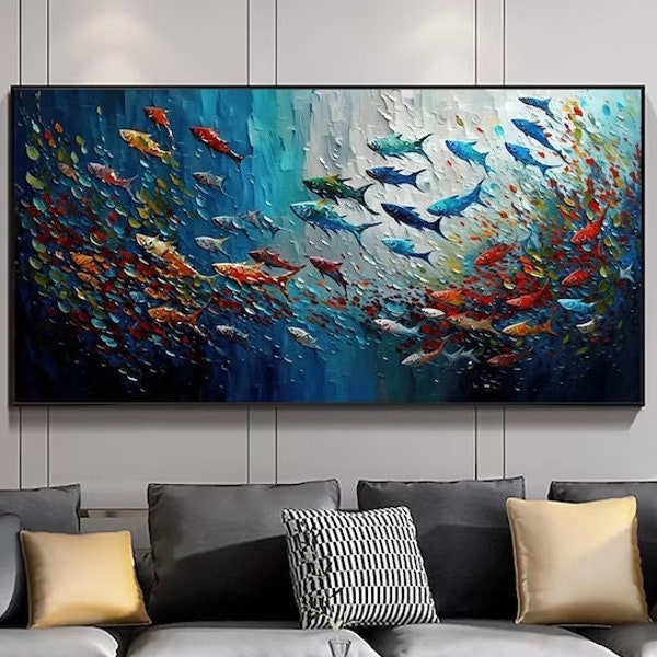 Peinture de poissons exotiques, Peinture d'art moderne, Peinture abstraite, Peinture sur l'océan, Peinture à l'huile, Art mural 3D, Peinture à l'eau, Peinture de poisson