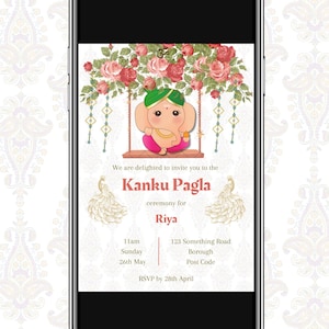 Invitación animada a la ceremonia de compromiso de boda india con Ganesh Pagla en formato GIF editable de Canva