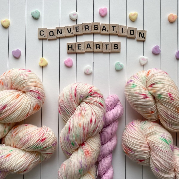 Conversation Hearts Sock Set- hand dyed yarn, superwash merino, knitting, socks, Valentines Day