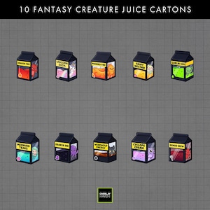May include: Ten fantasy creature juice cartons with various labels, including "Dragon Fire," "Unicorn Soda," and "Goblin Goo." Each carton features a different creature and colorful liquid. The text "Overlay Haven" is at the bottom.