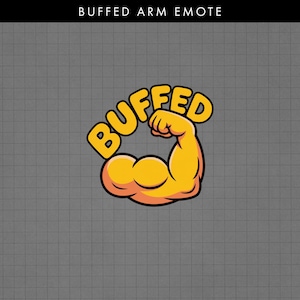 Puede incluir: Ilustración de dibujos animados de un brazo flexionado en tonos amarillos y naranjas, con la palabra "BUFFED" en letras amarillas arqueadas sobre el brazo. El fondo es una cuadrícula gris.
