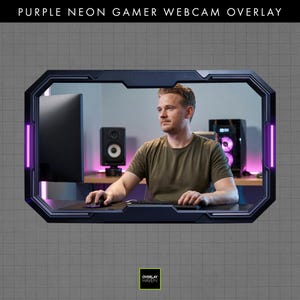 May include: A purple neon gamer webcam overlay. The dark grey border has purple neon accents. The text "PURPLE NEON GAMER WEBCAM OVERLAY" is at the top. A person is sitting in front of a computer.