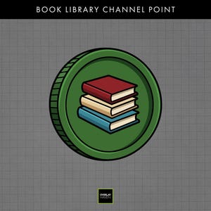 Puede incluir: Gráfico verde en forma de moneda con una pila de tres libros rojos, beige y azules. El texto "BOOK LIBRARY CHANNEL POINT" está en la parte superior. El gráfico tiene un fondo de cuadrícula.