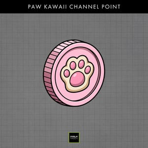 May include: A pink coin with a paw print design. The coin has a light pink paw print in the center, surrounded by a beige outline, set against a pink background. The text "PAW KAWAII CHANNEL POINT" is at the top.