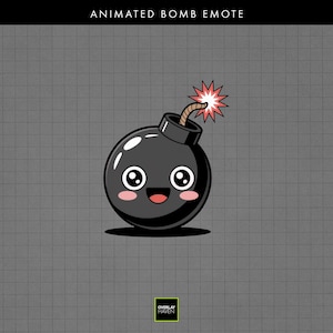 Może przedstawiać: Animowana emotka bomby z uśmiechniętą twarzą, różowymi policzkami i dużymi oczami. Czarna bomba ma zapalony lont i wybuch w kształcie gwiazdy. Tekst "ANIMATED BOMB EMOTE" znajduje się na górze.