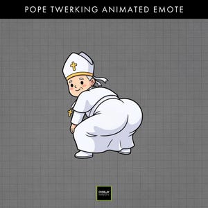 May include: Animated emote of the Pope twerking, wearing a white robe, hat, and cross. The cartoon character is in a squatting position with a smiling face. The background is a gray grid.
