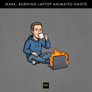 Puede incluir: Emoticono animado que muestra a una persona con una sudadera con capucha azul y vaqueros, sentada con las piernas cruzadas y bebiendo de una taza blanca. Un portátil en llamas está frente a la persona. El texto "MARK- BURNING LAPTOP ANIMATED EMOTE" está en la parte superior.