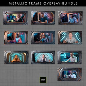 Könnte beinhalten: Eine Sammlung metallischer Rahmen-Overlays mit futuristischem Design. Jeder Rahmen zeigt eine Person in einem Gaming- oder Streaming-Setup mit Neonbeleuchtung und Computerbildschirmen. Der Text "METALLIC FRAME OVERLAY BUNDLE" steht oben.