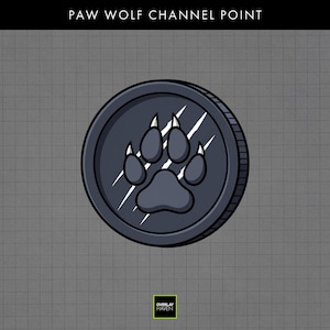 Op de afbeelding: Een donkergrijze cirkelvormige afbeelding met een pootafdruk en de tekst "PAW WOLF CHANNEL POINT". De pootafdruk staat in het midden van de cirkel met witte lijnen die ervan uitstralen. De afbeelding heeft een getextureerd uiterlijk.