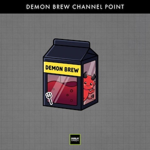 Puede incluir: Ilustración de dibujos animados de un cartón azul oscuro con la etiqueta "DEMON BREW" y un líquido rojo en su interior. Un pequeño diablo rojo es visible, y un tridente está en el lateral. El texto "DEMON BREW CHANNEL POINT" está en la parte superior.