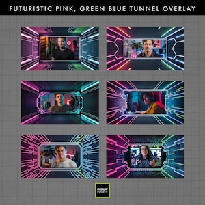 May include: Futuristic pink, green, and blue tunnel overlay design. The image features six different examples of a digital overlay with people inside. The text "OVERLAY HAVEN" is in the bottom right corner.