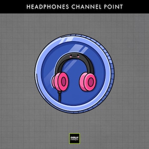 Può includere: Illustrazione a cartoni animati di un cerchio blu con bordo argentato, con una cuffia nera con padiglioni rosa. La cuffia ha una faccia sorridente. Il testo "HEADPHONES CHANNEL POINT" è in alto.