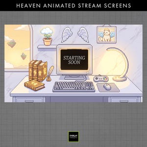 Könnte beinhalten: Ein Pixel-Art-Schreibtisch mit einem Computermonitor, der den Text STARTING SOON anzeigt, sowie Tastatur, Maus, Gamecontroller, Lampe, drei Büchern, Federkiel, einer Wolkenpflanze im Topf, Engelsflügeln und einem gerahmten Katzenbild.