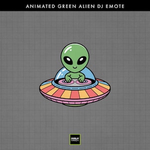 May include: Animated green alien DJ emote. The cartoon alien with large black eyes is in a blue dome, operating a turntable on a colorful UFO. The UFO has pink, orange, and yellow stripes. The text "ANIMATED GREEN ALIEN DJ EMOTE" is at the top.