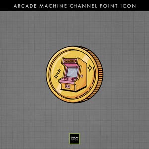 Puede incluir: Una moneda de oro con una ilustración de dibujos animados de una máquina recreativa. La máquina recreativa es rosa y amarilla con una pantalla y botones. La moneda tiene el texto "ARCADE MACHINE CHANNEL POINT ICON" en la parte superior.