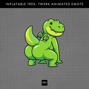May include: A digital illustration of a green inflatable T-Rex character with small wings, shown from behind in a dancing pose. The text INFLATABLE TREX- TWERK ANIMATED EMOTE appears at the top, and the logo OVERLAY HAVEN is at the bottom.