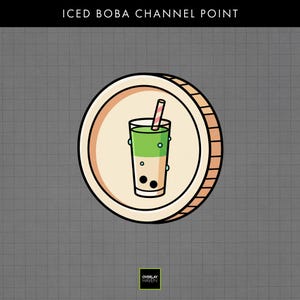 May include: A coin-shaped graphic with the text "ICED BOBA CHANNEL POINT" at the top. The coin features a boba tea drink with a green layer, black boba pearls, and a pink and white striped straw. The coin has a beige and light brown color scheme.