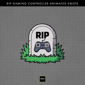 Könnte beinhalten: Ein animiertes Emote mit einem Grabstein mit den Buchstaben "RIP" und einem Videospiel-Controller. Der graue Grabstein hat einen schwarzen Umriss, und der Controller ist blau und grau. Grünes Gras umgibt den Grabstein, und der Text "RIP GAMING CONTROLLER ANIMATED EMOTE" steht oben.