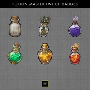 May include: Six potion bottles with cork stoppers and various contents. The bottles are labeled "Potion Master Twitch Badges". The potions are clear, green, purple, and orange, with swirling and smoky effects. The image has a gray grid background.