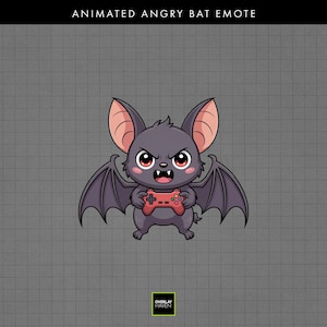 Könnte beinhalten: Animierter wütender Fledermaus-Emote. Eine Cartoon-Fledermaus mit einem dunkelgrauen Körper, großen rosa Ohren und schwarzen Flügeln. Die Fledermaus hält einen roten Gamecontroller und hat einen wütenden Gesichtsausdruck. Der Text "ANIMATED ANGRY BAT EMOTE" steht oben.