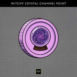 May include: A circular, lilac-colored graphic with the text "WITCHY CRYSTAL CHANNEL POINT" at the top. The graphic features a crystal ball with a swirling galaxy design and stars. The crystal ball sits on a brown stand.