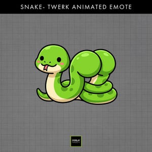 May include: A digital graphic of a cartoon snake with bright green skin, a light cream underbelly, and pink cheeks. The snake is depicted in a stylized pose with its body curved, featuring the text SNAKE- TWERK ANIMATED EMOTE at the top.