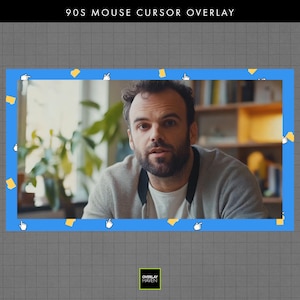 May include: A blue rectangular frame with white mouse cursors and yellow cursor tails. The text "90S MOUSE CURSOR OVERLAY" is at the top. The frame surrounds a man in a gray jacket. The Overlay Haven logo is in the bottom left corner.