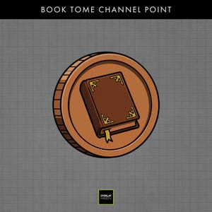 Puede incluir: Una moneda marrón con una ilustración de un libro marrón en el centro. El libro tiene detalles dorados y una cinta de lectura amarilla. La moneda tiene un borde estriado. El texto "BOOK TOME CHANNEL POINT" está en la parte superior.